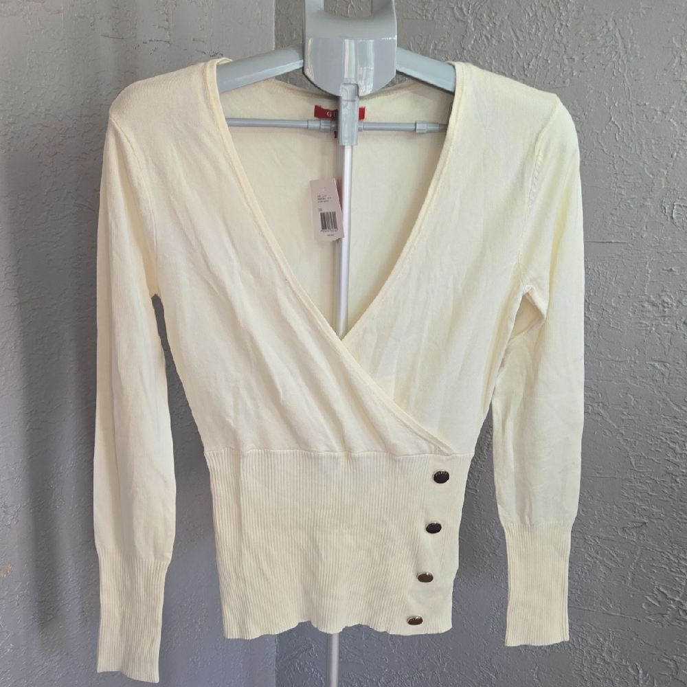 ^NWT Guess Dove White Vicky Sweater Medium Ribbed Classic Preppy Wrap